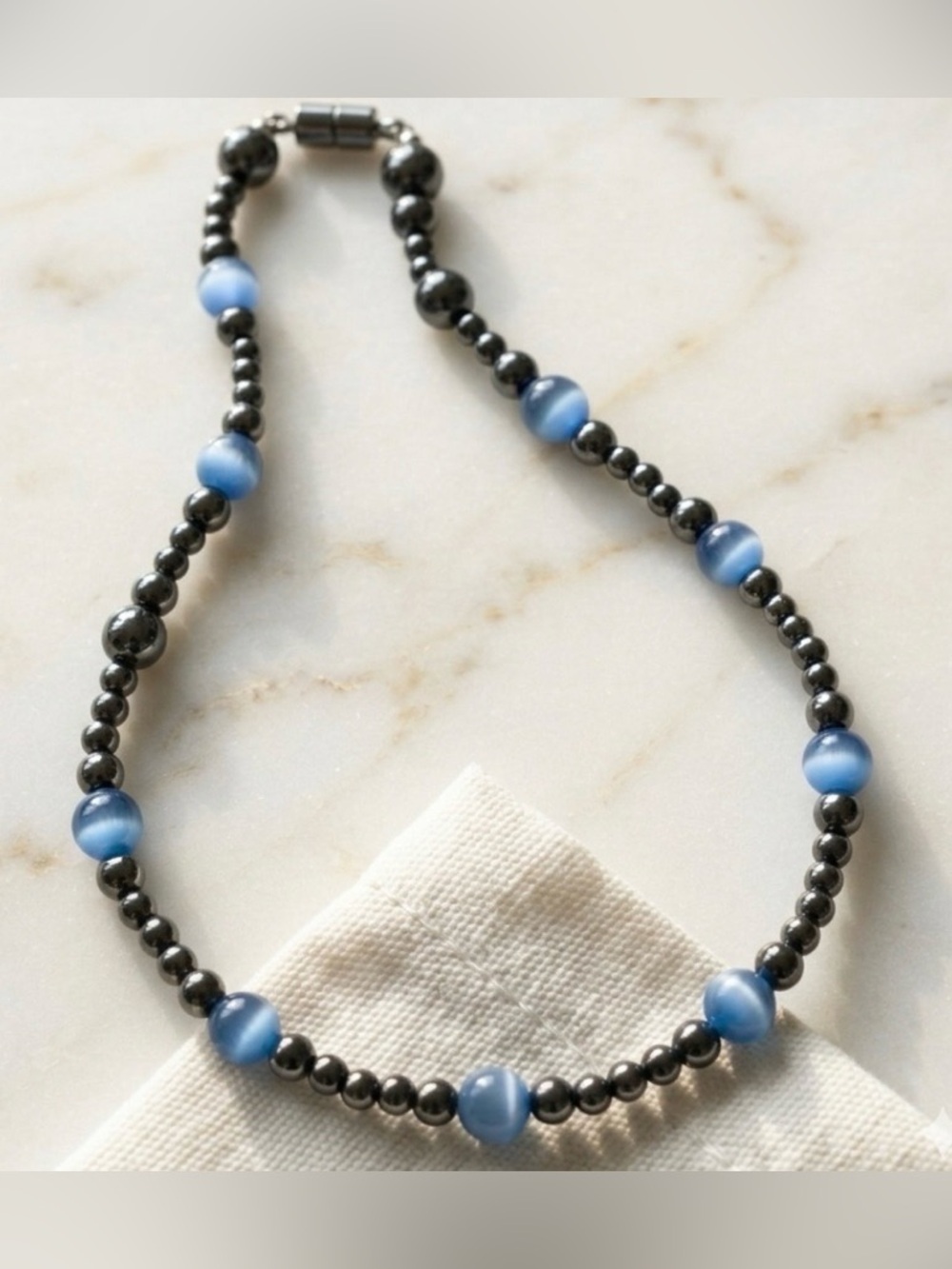 Hematite & Cobalt Blue Cat’s Eye Magnetic Necklace Quiet Luxury